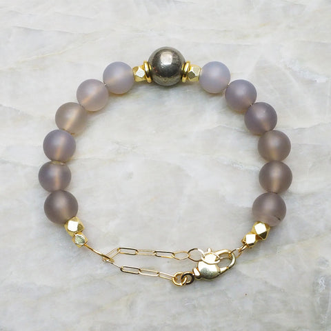 Classic Adjustable Beaded Bracelet in Gray Agate, Pyrite and Gold :: Vital Element Jewelry