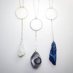 Gold Sun Drop (Gold Filled) and Silver Moon Drop Necklaces in Grotado Quartz and Botswana Agate 