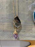 Gilded Occo Geode Slice and Plated Crystal Point Lariat :: 26"